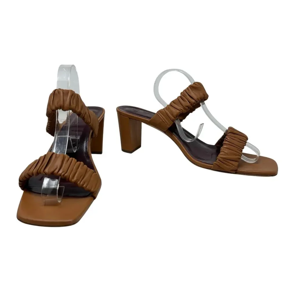Staud‎ Frankie Ruched Leather Sandals Heels Brown Tan Size 42 US 12